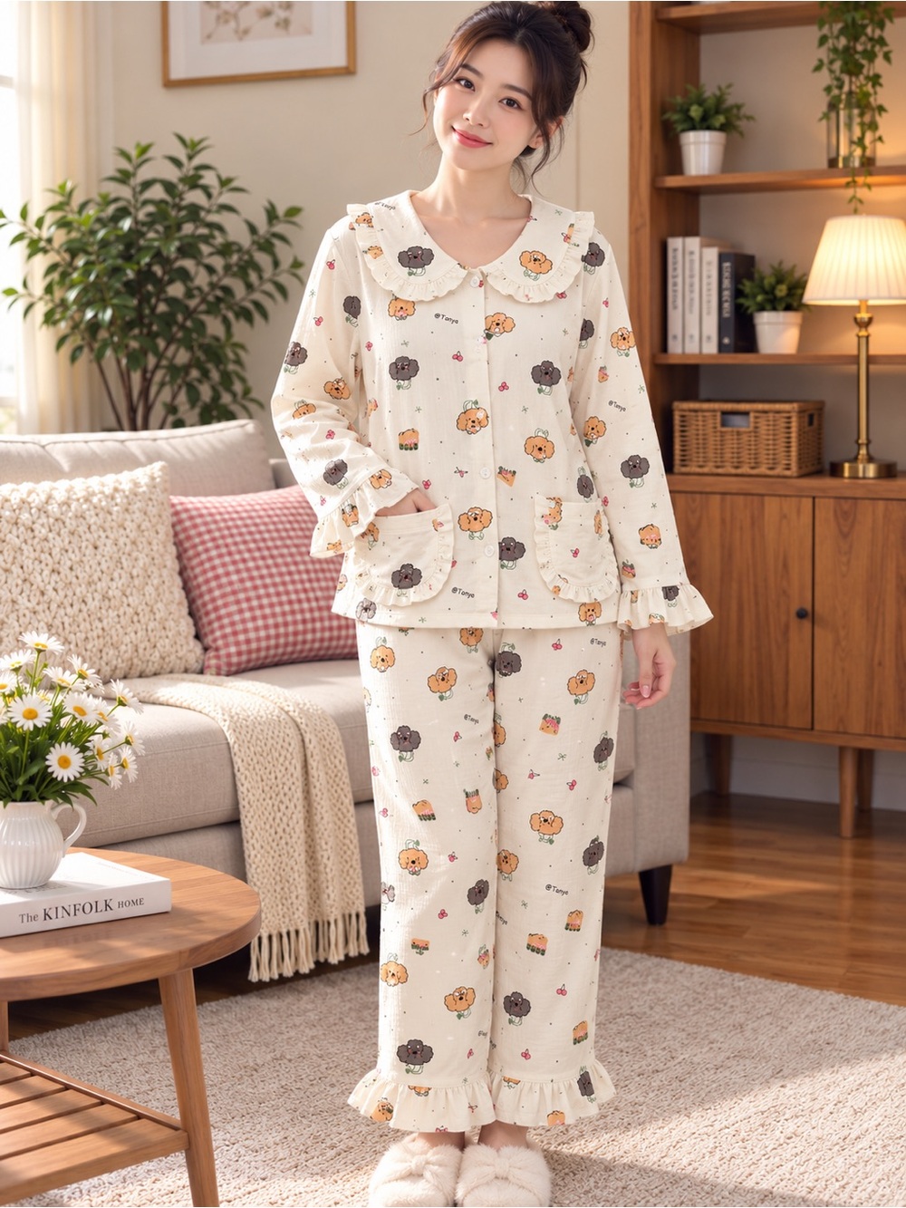 Cream Floral Cartoon Cotton Pajama